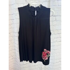 Kim & Cami Black Sleeveless Top Floral Embroidered Ruffle‎ Neck 2X